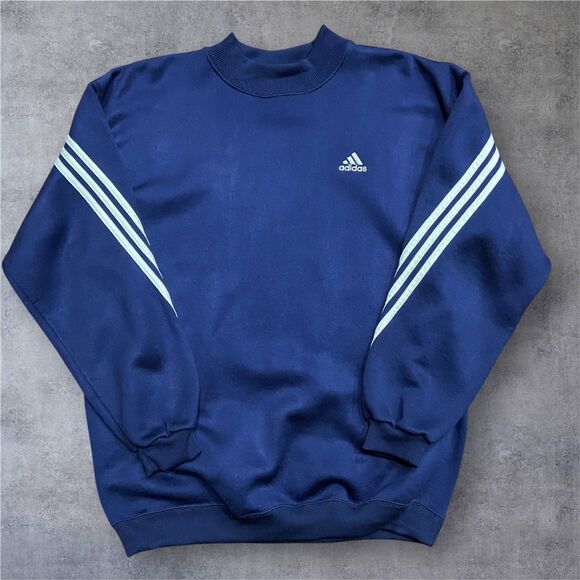 Adidas Vintage 90s 3 Stripe Navy Blue White Crewneck Sweatshirt Mens Size Medium - Picture 1 of 9